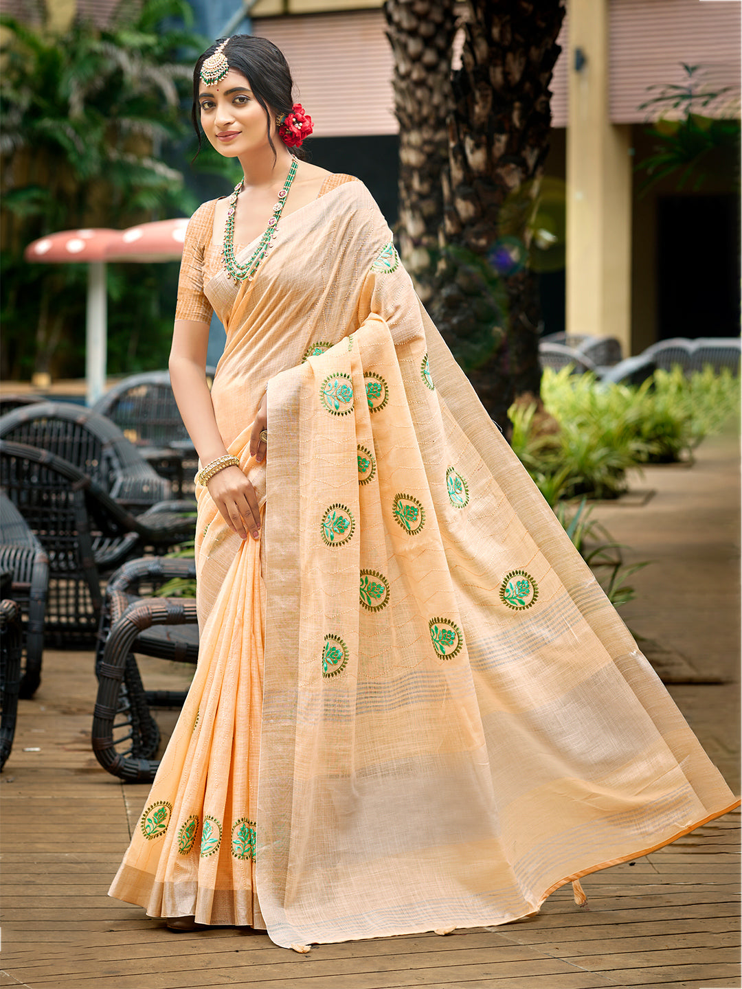 Sangam Prints Peach Linen Woven Work Traditional Saree - Distacart