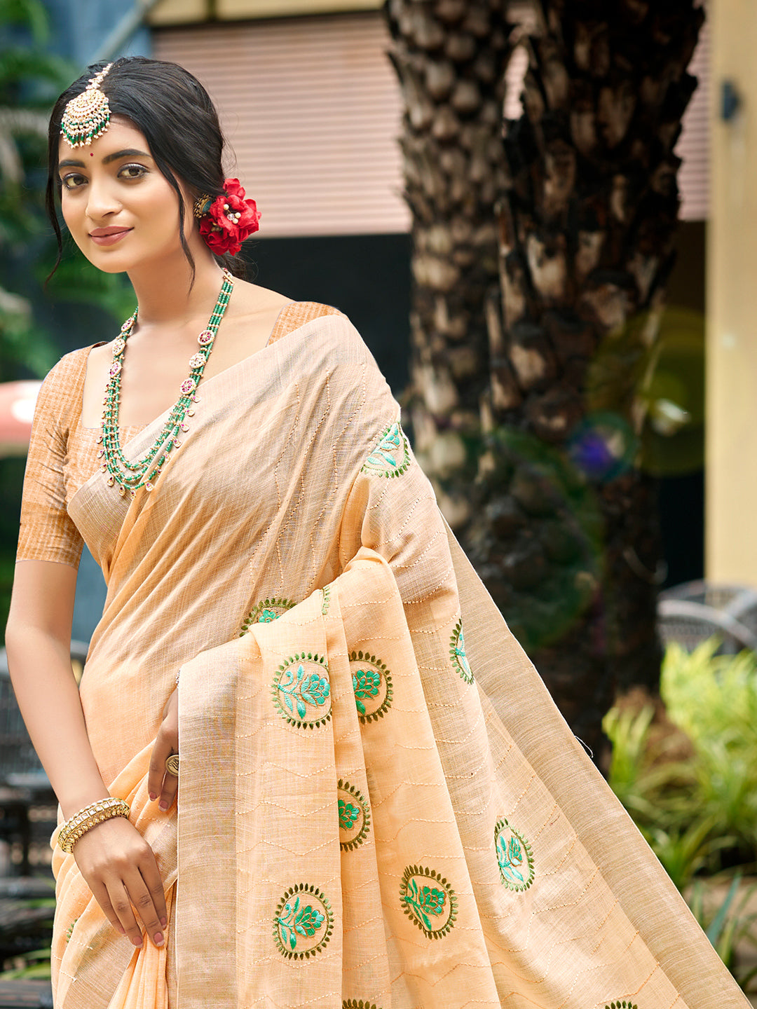 Sangam Prints Peach Linen Woven Work Traditional Saree - Distacart