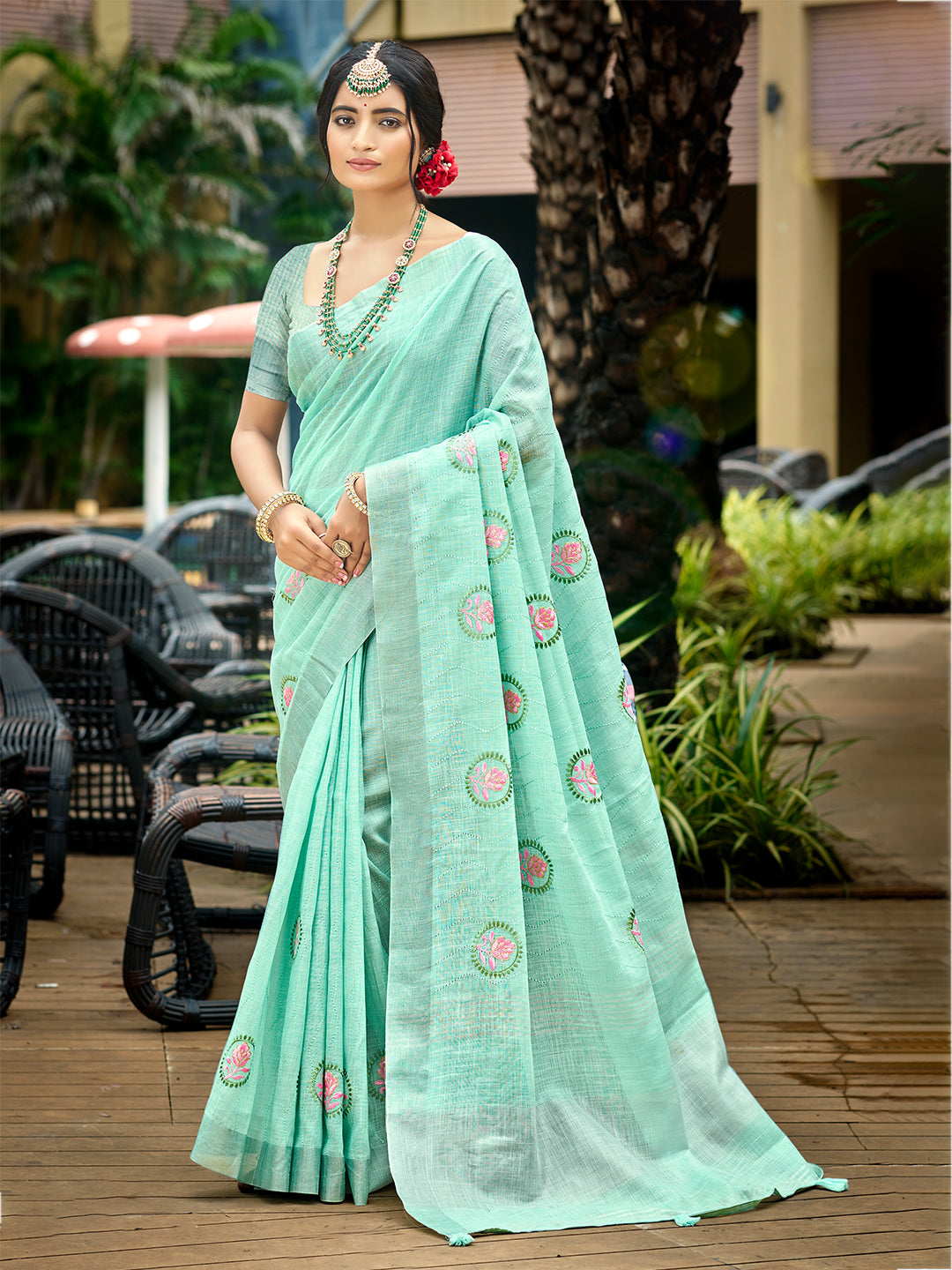 Sangam Prints Sky Blue Linen Woven Work Traditional Saree - Distacart