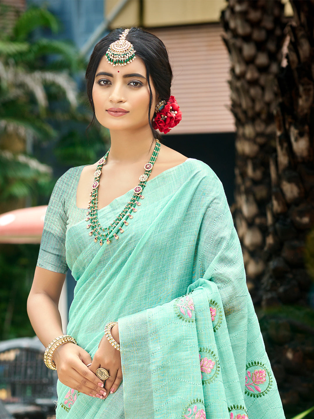 Sangam Prints Sky Blue Linen Woven Work Traditional Saree - Distacart