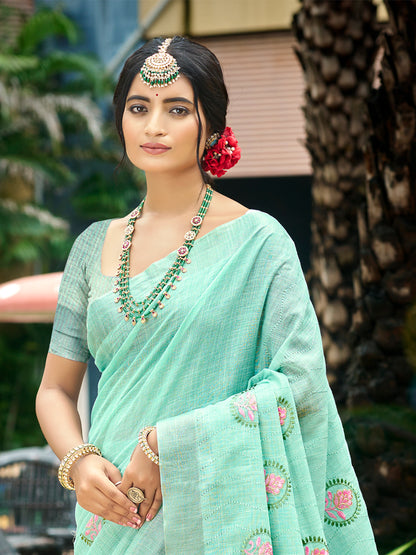 Sangam Prints Sky Blue Linen Woven Work Traditional Saree - Distacart