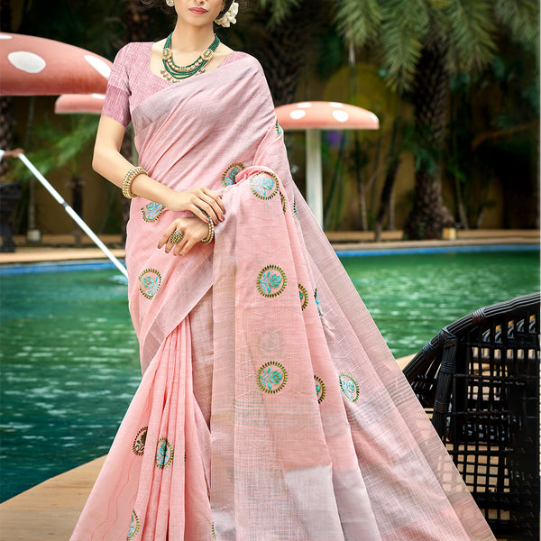Sangam Prints Light Pink Linen Woven Work Traditional Saree