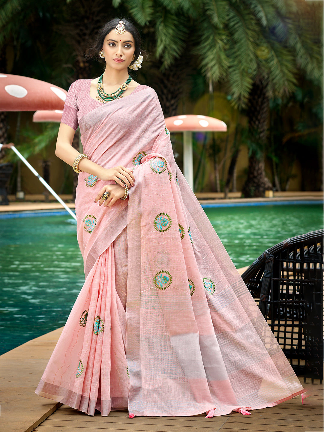 Sangam Prints Light Pink Linen Woven Work Traditional Saree - Distacart