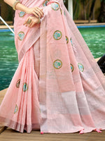 Thumbnail for Sangam Prints Light Pink Linen Woven Work Traditional Saree