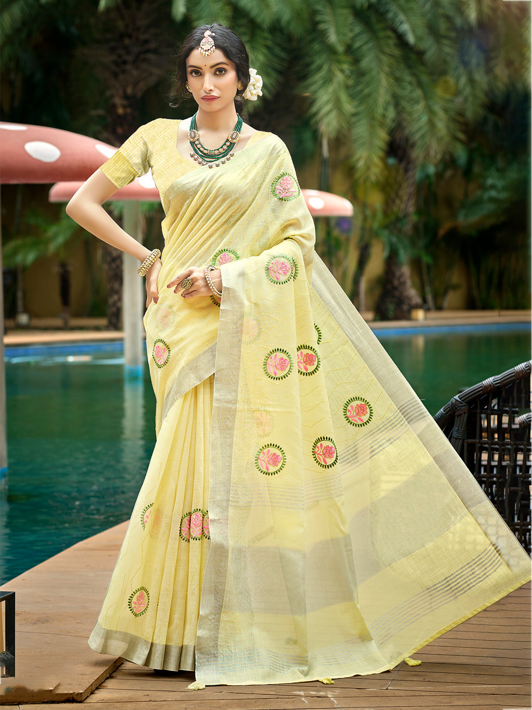 Sangam Prints Yellow Linen Woven Work Traditional Saree - Distacart