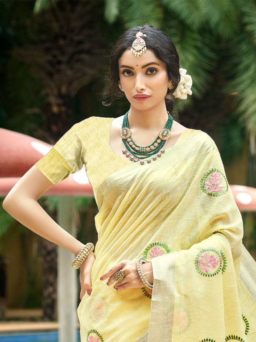 Sangam Prints Yellow Linen Woven Work Traditional Saree - Distacart