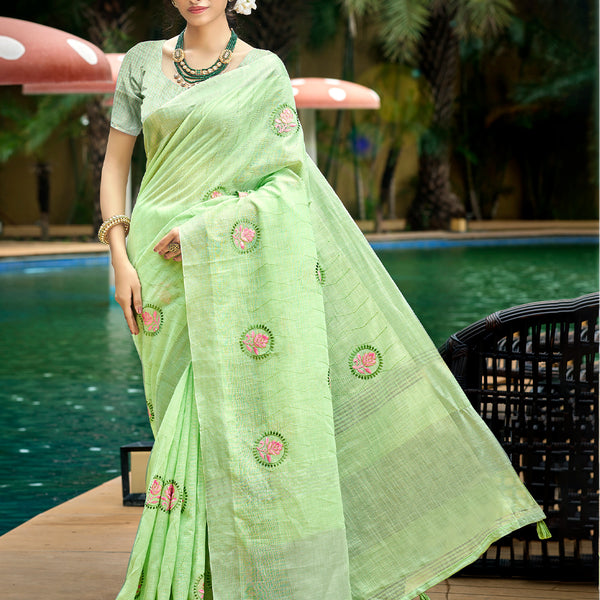 Sangam Prints Green Linen Woven Work Traditional Saree