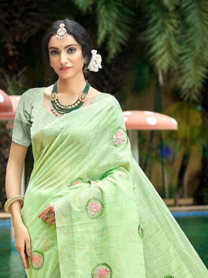 Sangam Prints Green Linen Woven Work Traditional Saree - Distacart