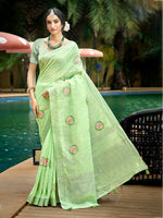 Thumbnail for Sangam Prints Green Linen Woven Work Traditional Saree