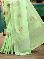 Thumbnail for Sangam Prints Green Linen Woven Work Traditional Saree