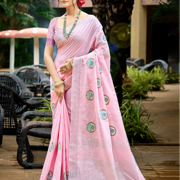 Sangam Prints Baby Pink Linen Woven Work Traditional Saree