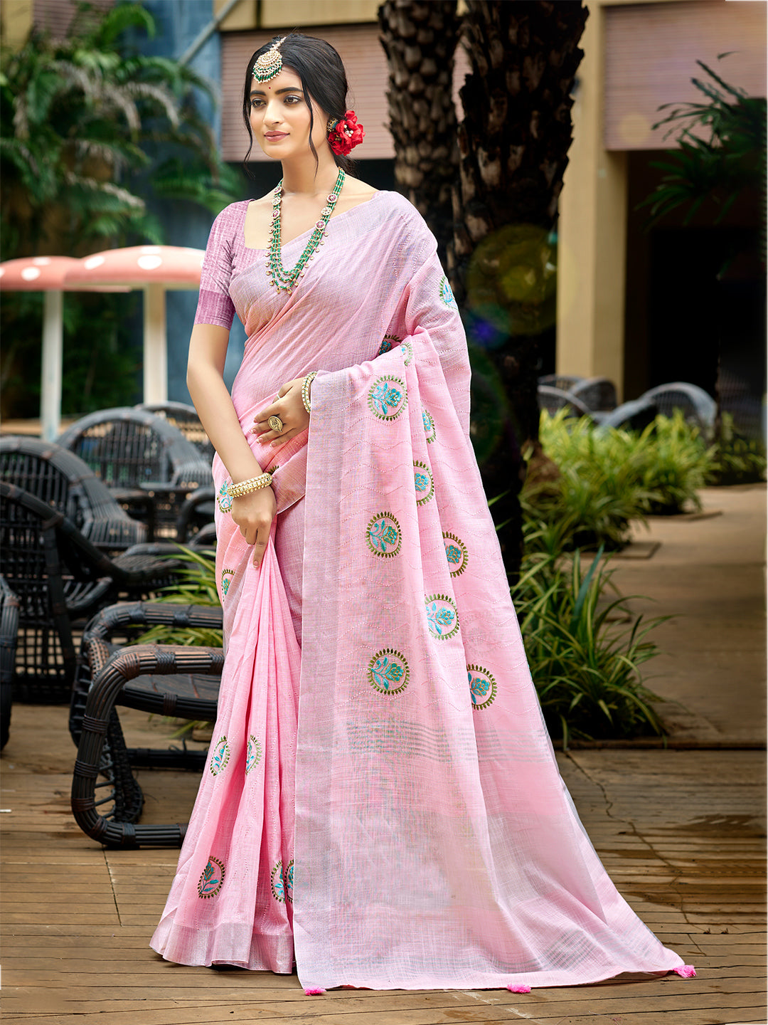 Sangam Prints Baby Pink Linen Woven Work Traditional Saree - Distacart