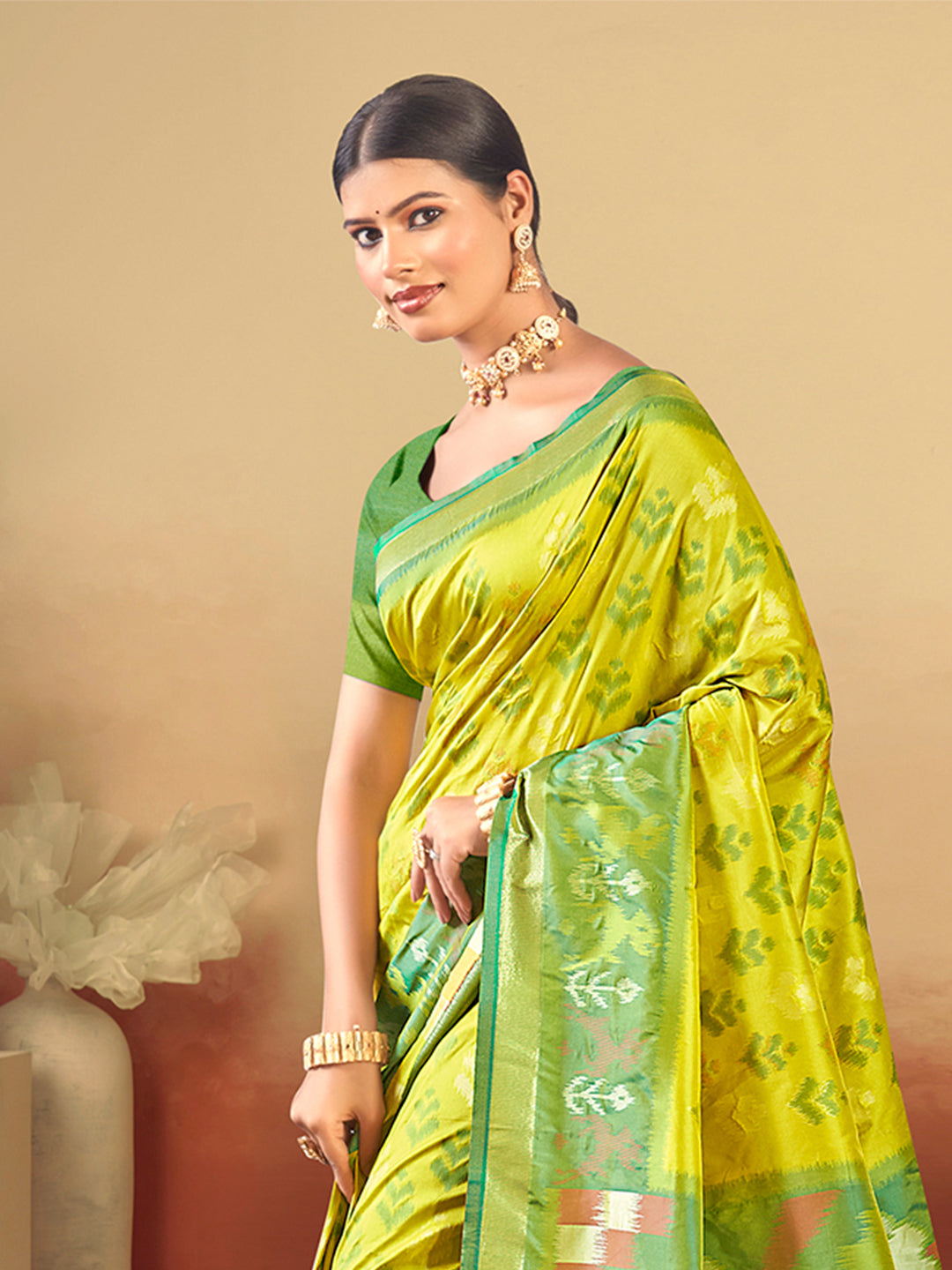 Sangam Prints Lime Green Silk Woven Work Traditional Saree