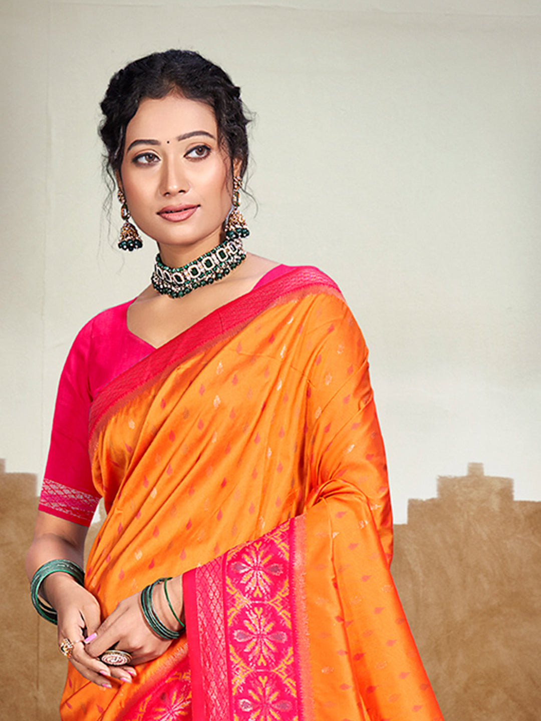Sangam Prints Orange  Silk Woven Work Traditional Saree - Distacart