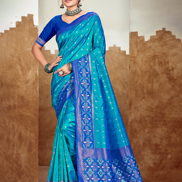 Sangam Prints Peacock Blue Silk Woven Work Traditional Saree