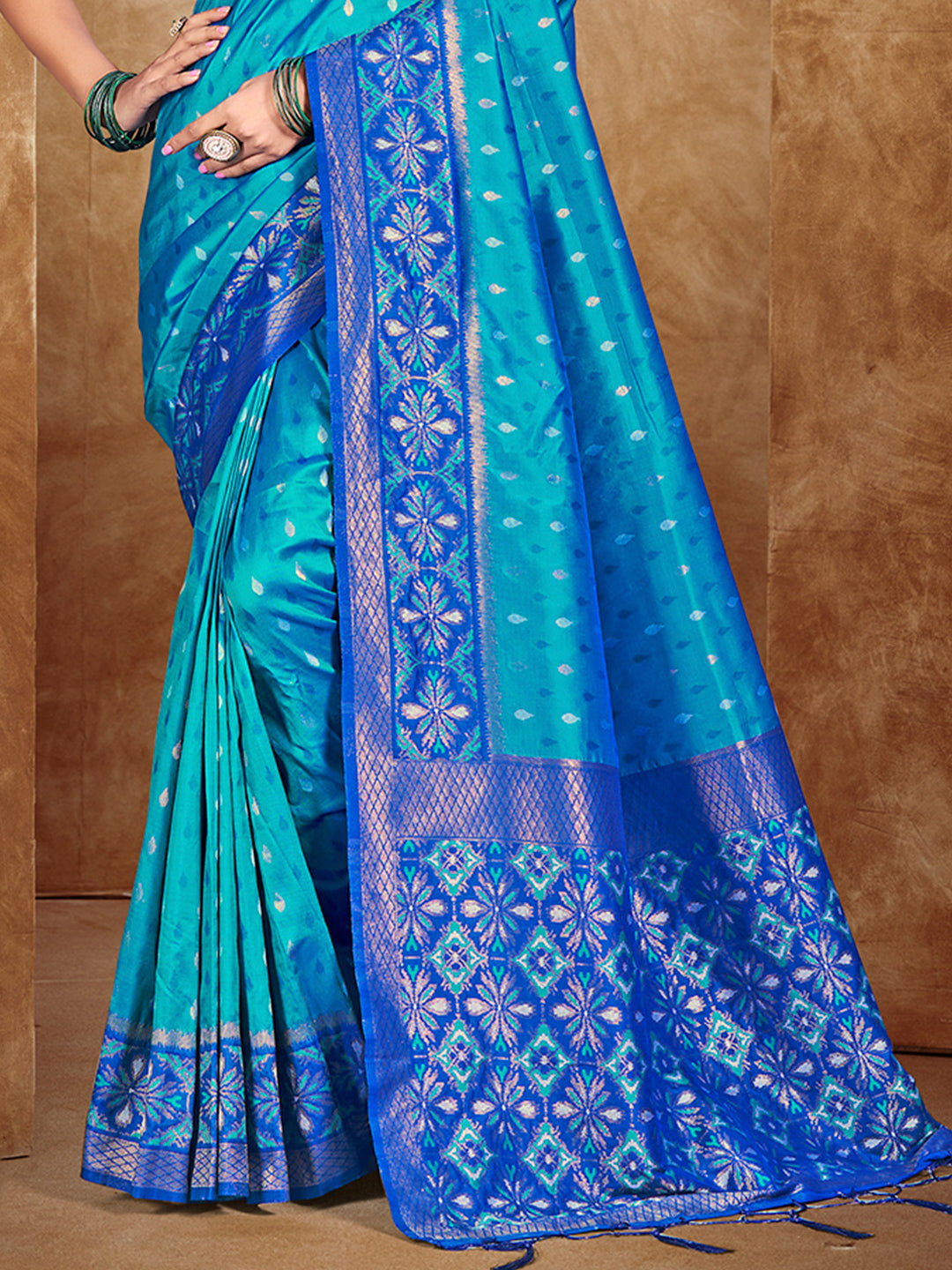 Sangam Prints Peacock Blue Silk Woven Work Traditional Saree
