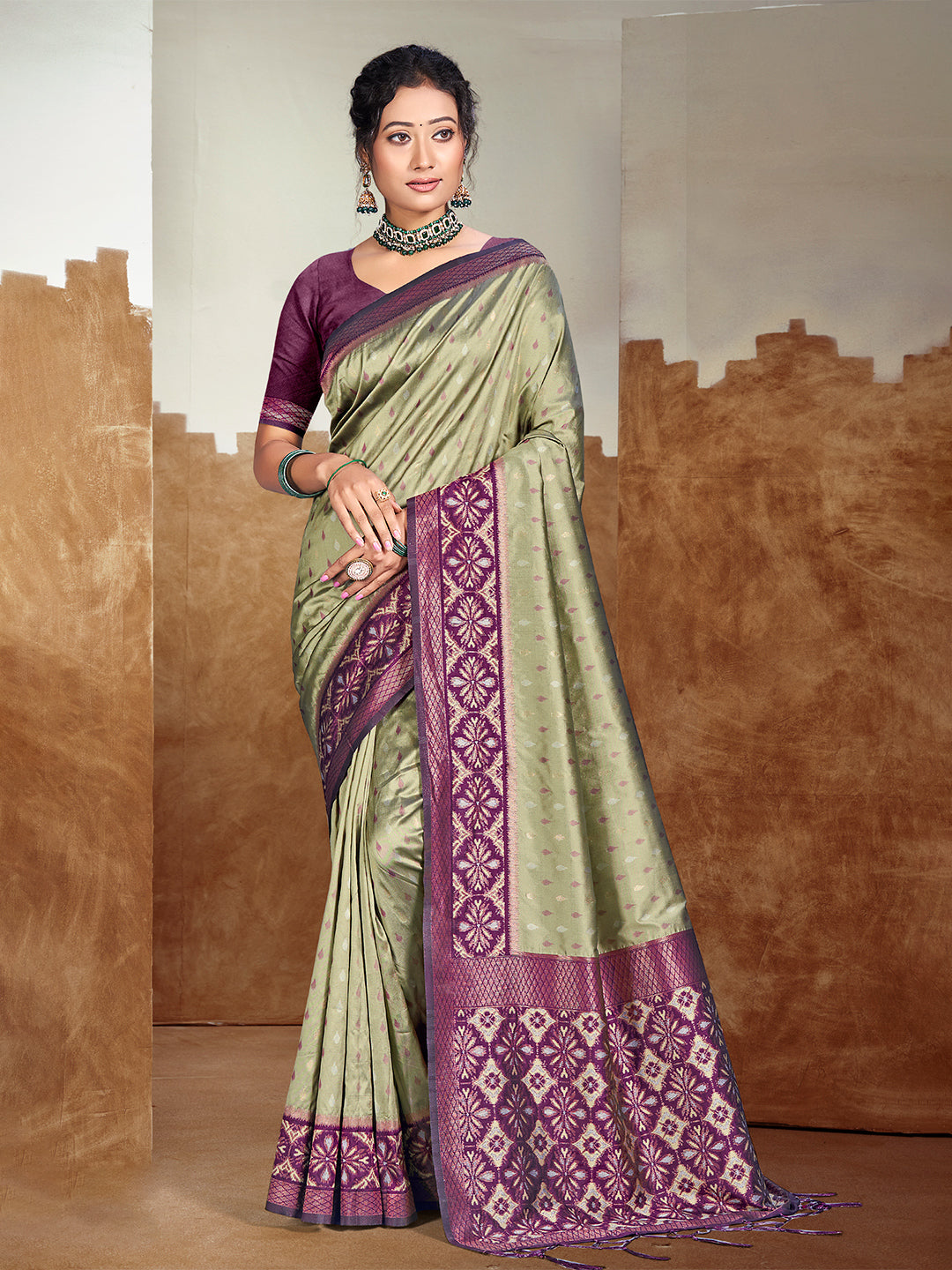 Sangam Prints Olive Green Silk Woven Work Traditional Saree