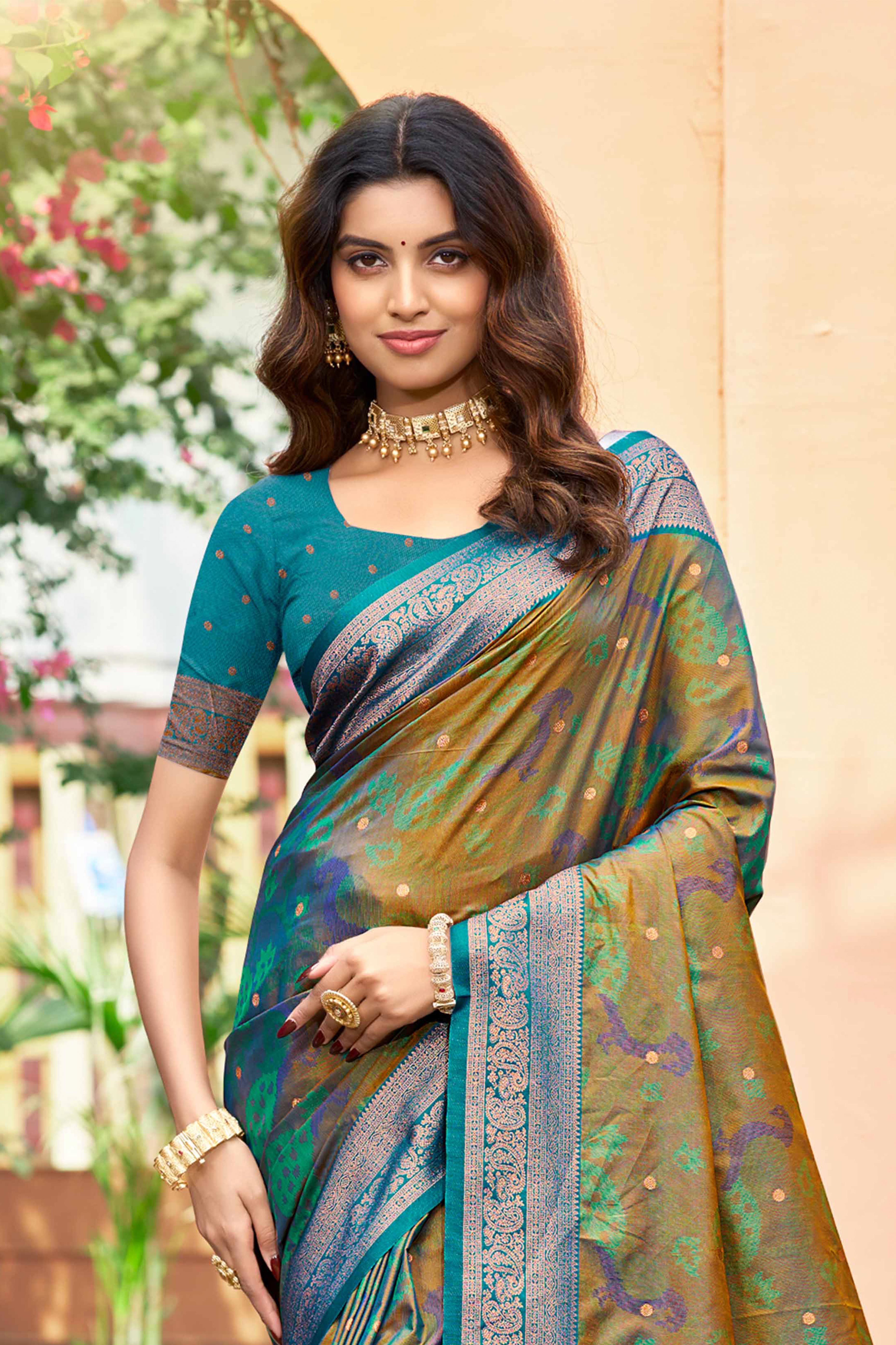 Sangam Prints Olive Green Soft Silk Woven Work Traditional Saree - Dista