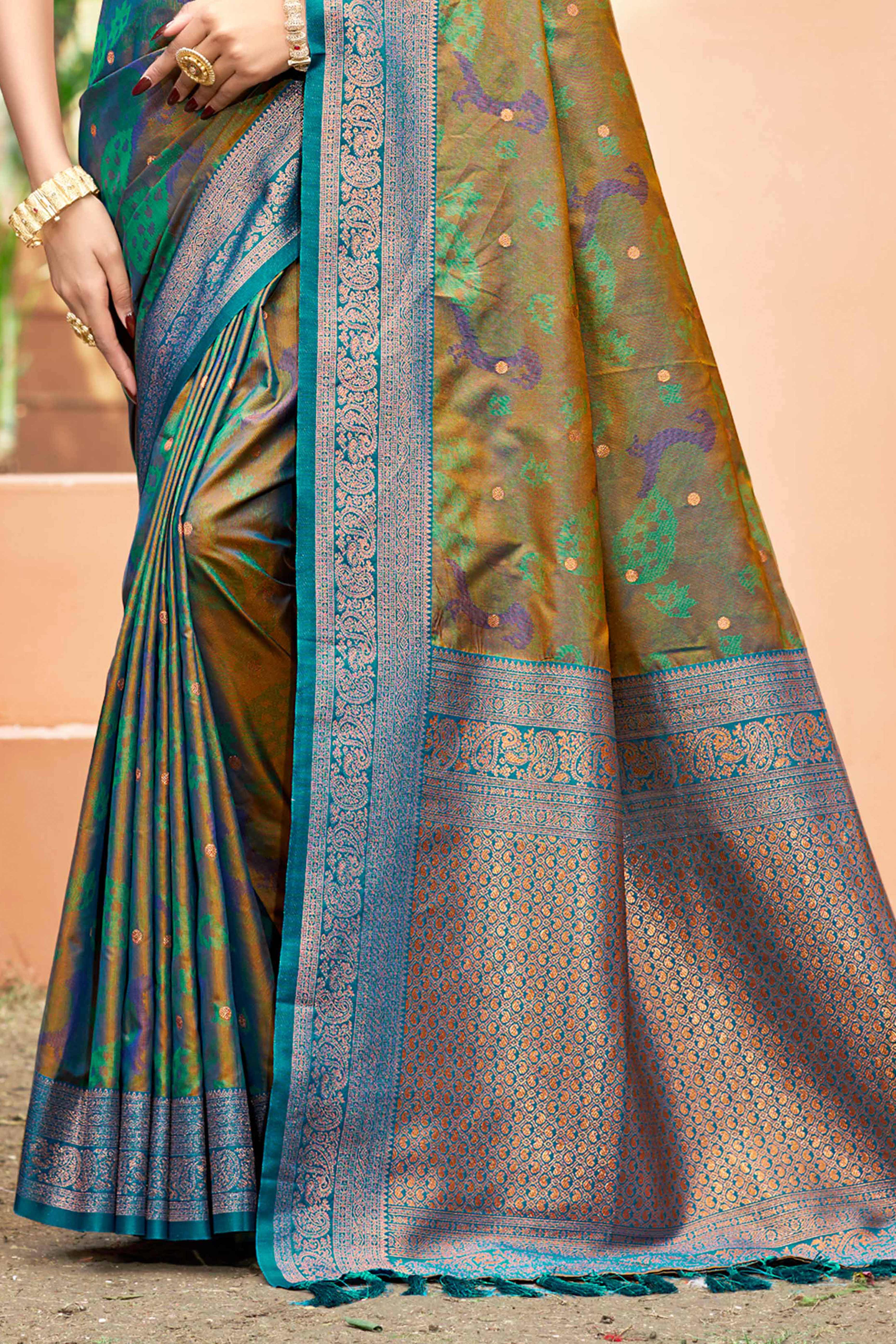 Sangam Prints Olive Green Soft Silk Woven Work Traditional Saree - Dista