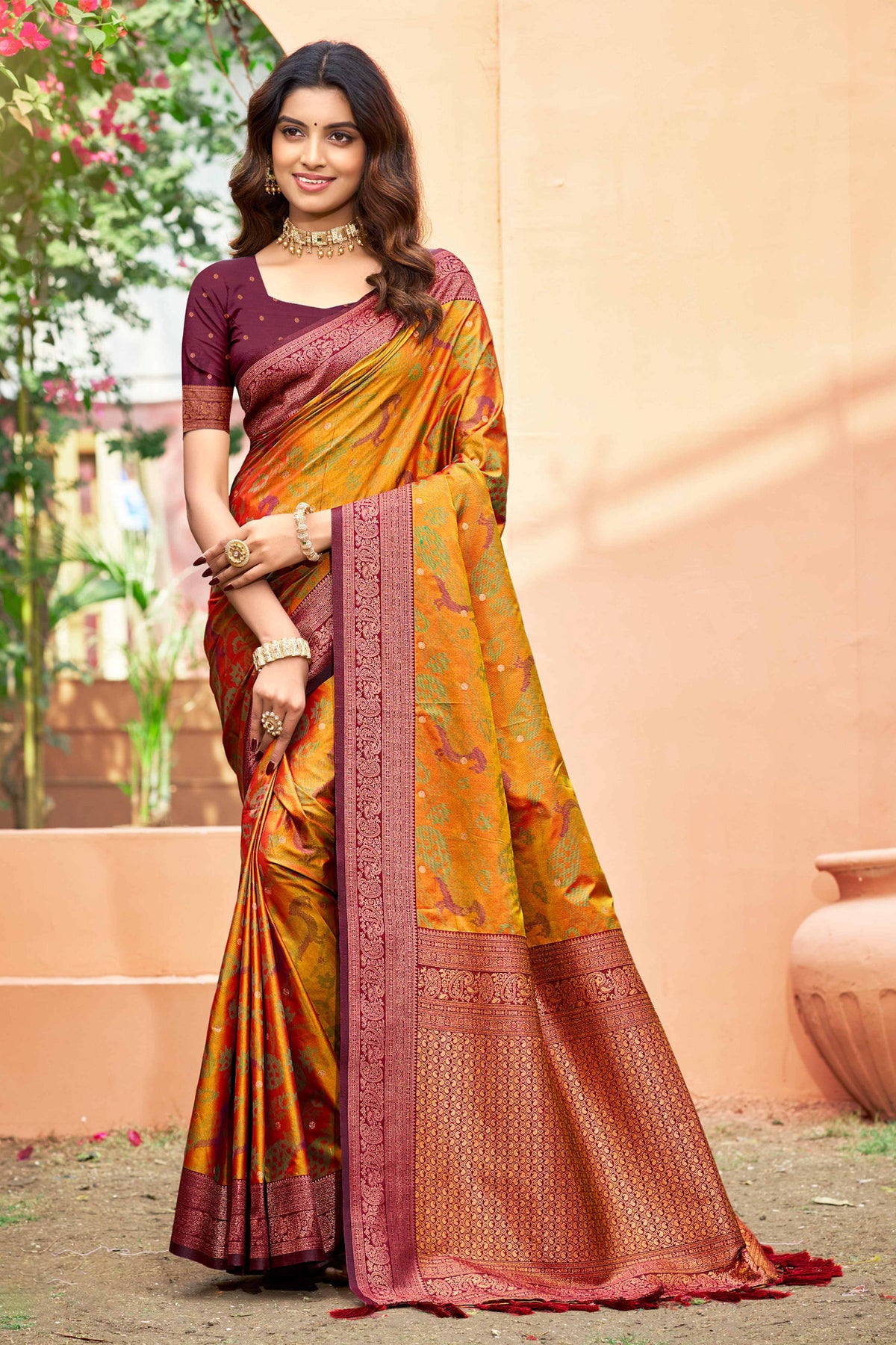 Sangam Prints Mustard Orange Soft Silk Woven Work Traditional Saree - Dista