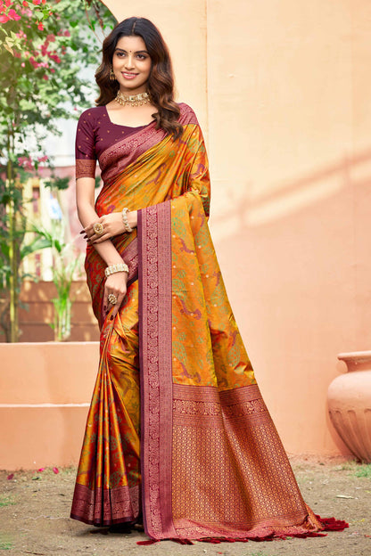 Sangam Prints Mustard Orange Soft Silk Woven Work Traditional Saree - Dista