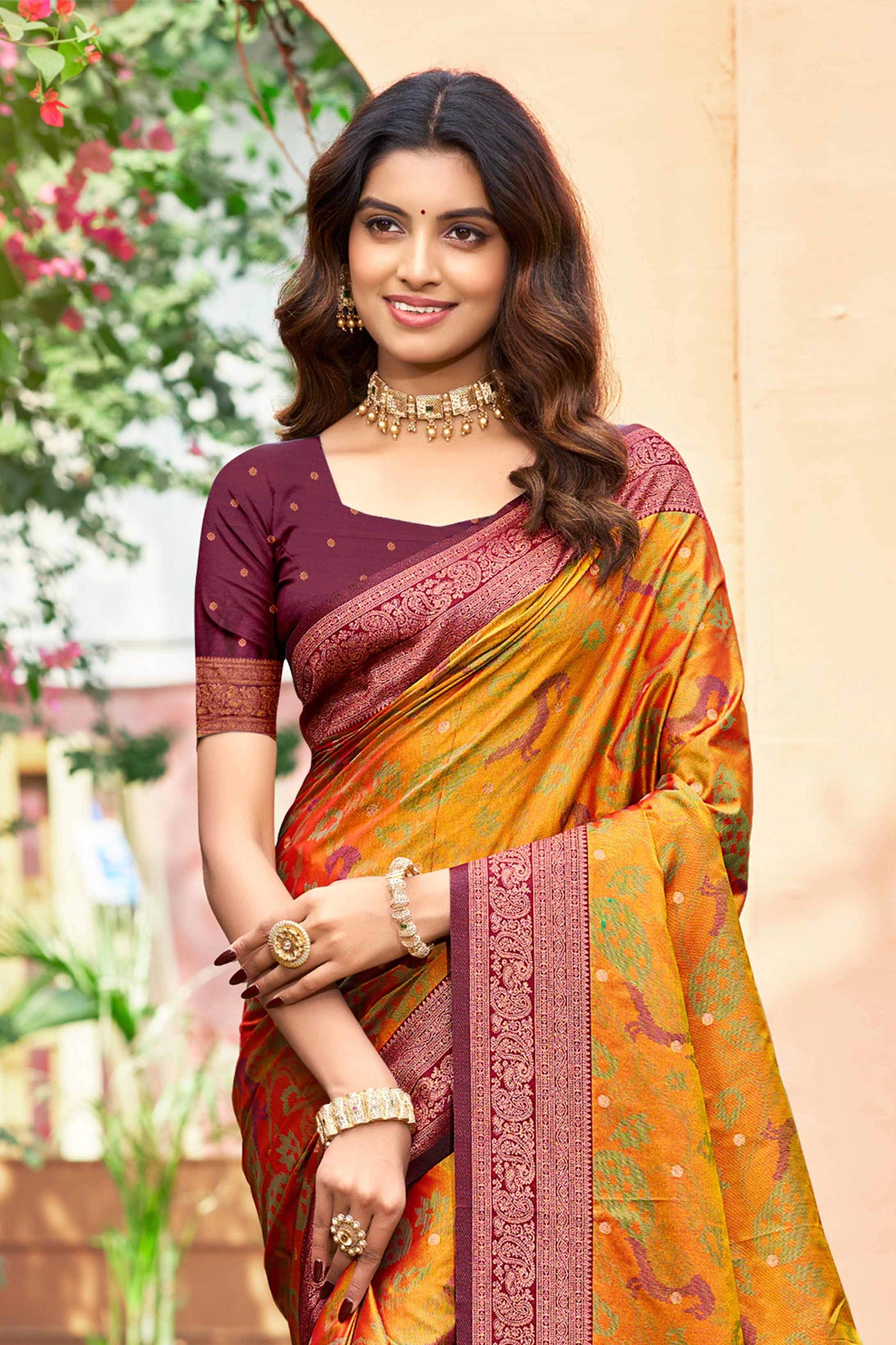 Sangam Prints Mustard Orange Soft Silk Woven Work Traditional Saree - Dista