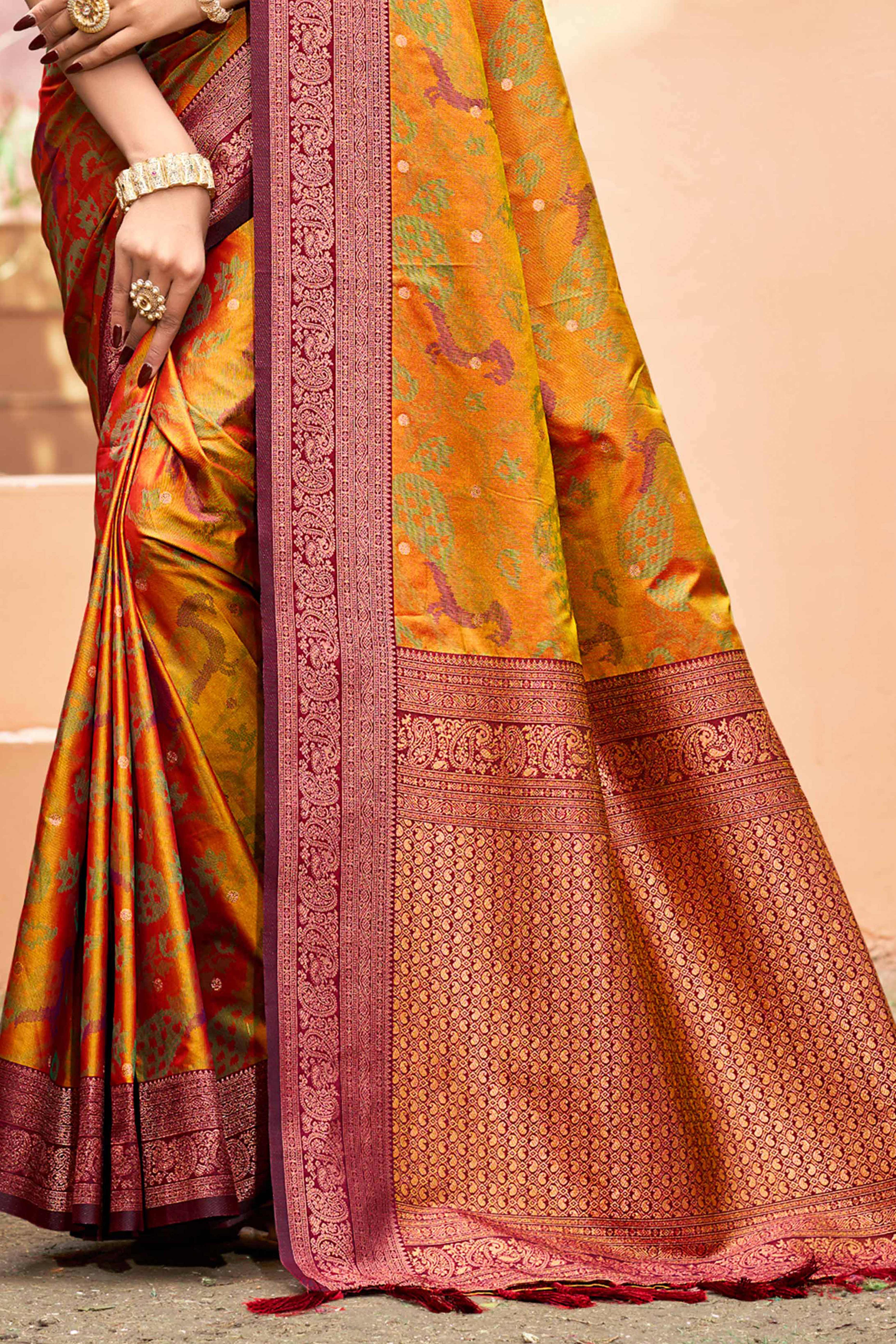 Sangam Prints Mustard Orange Soft Silk Woven Work Traditional Saree - Dista