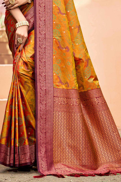 Sangam Prints Mustard Orange Soft Silk Woven Work Traditional Saree - Dista