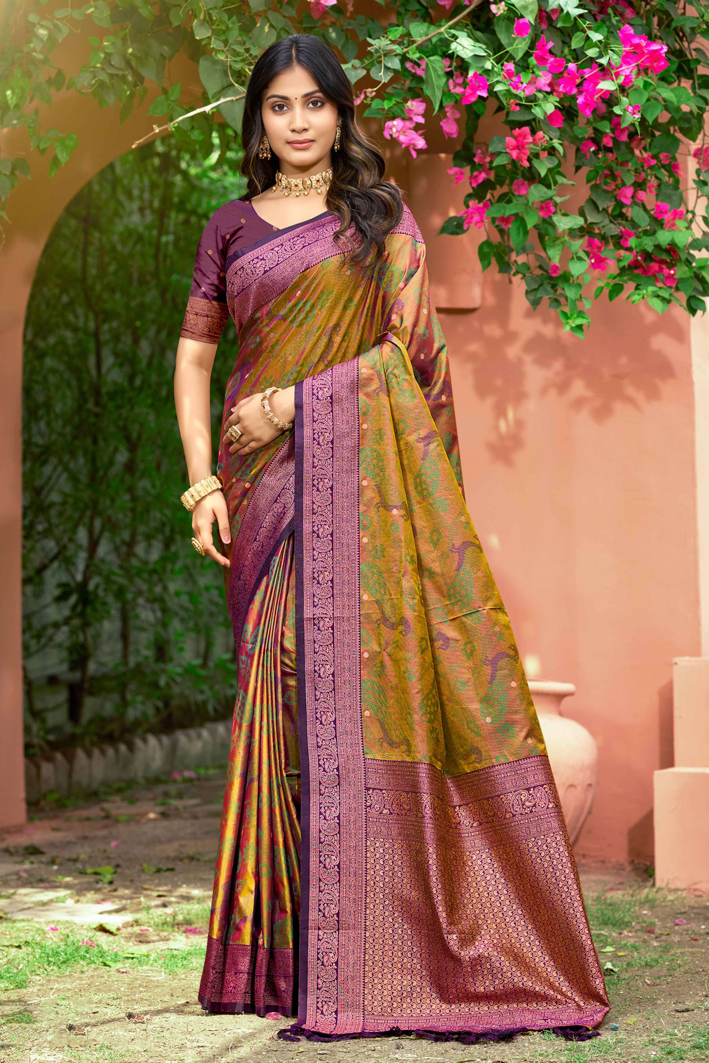 Sangam Prints Mustard Green Soft Silk Woven Work Traditional Saree - Dista