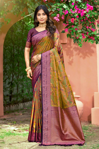 Sangam Prints Mustard Green Soft Silk Woven Work Traditional Saree - Dista
