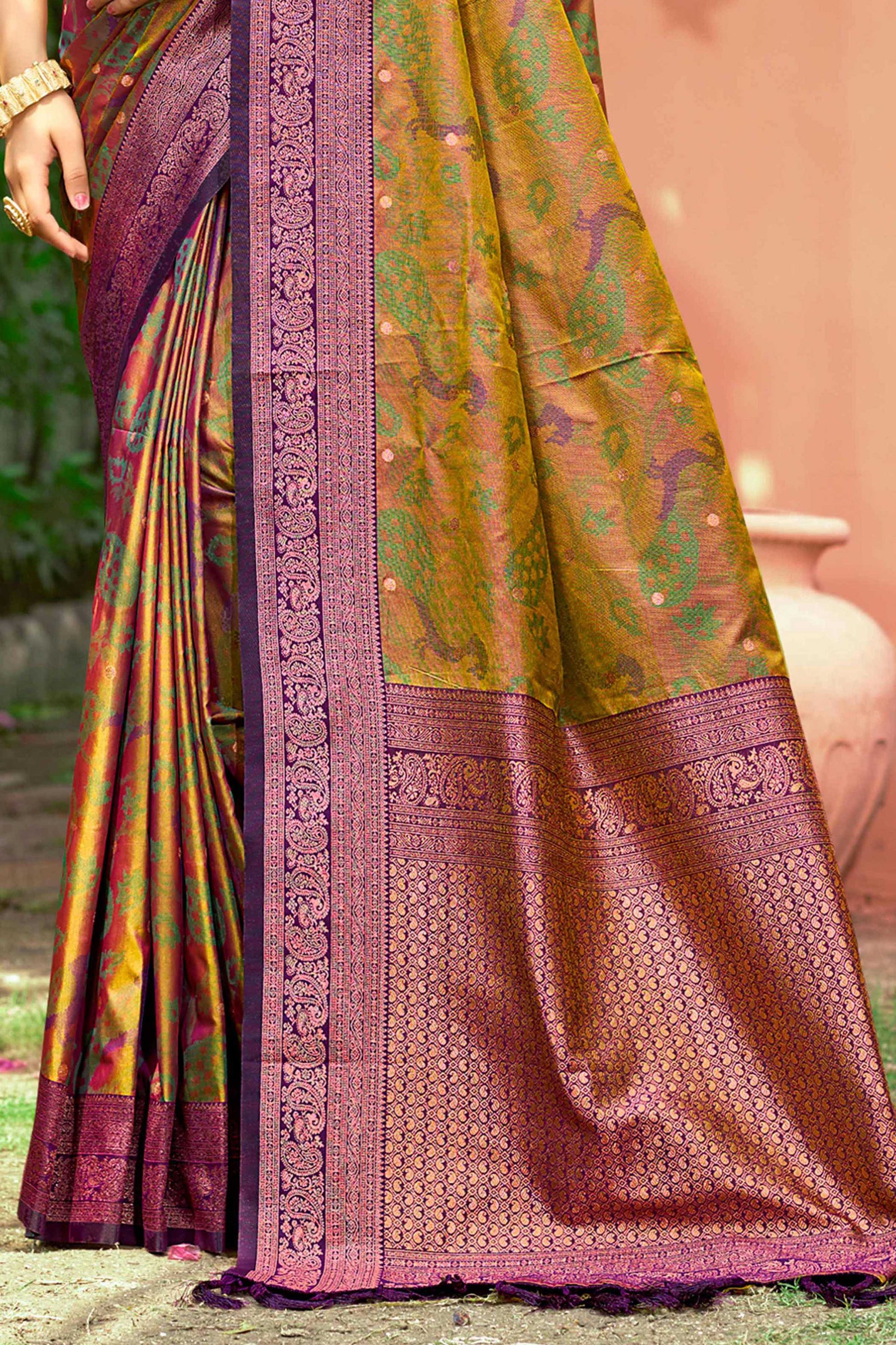 Sangam Prints Mustard Green Soft Silk Woven Work Traditional Saree - Dista