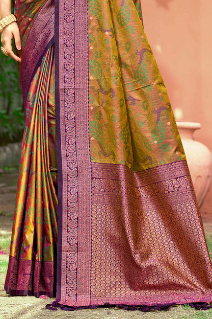 Sangam Prints Mustard Green Soft Silk Woven Work Traditional Saree - Dista