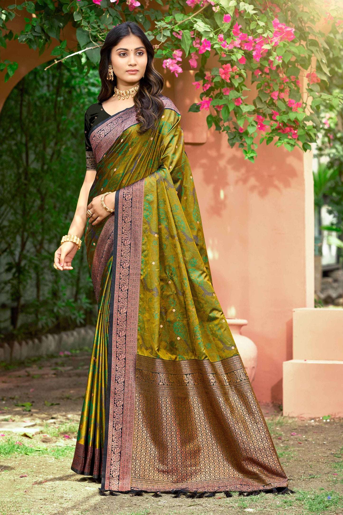 Sangam Prints Olive Green Soft Silk Woven Work Traditional Saree - Dista