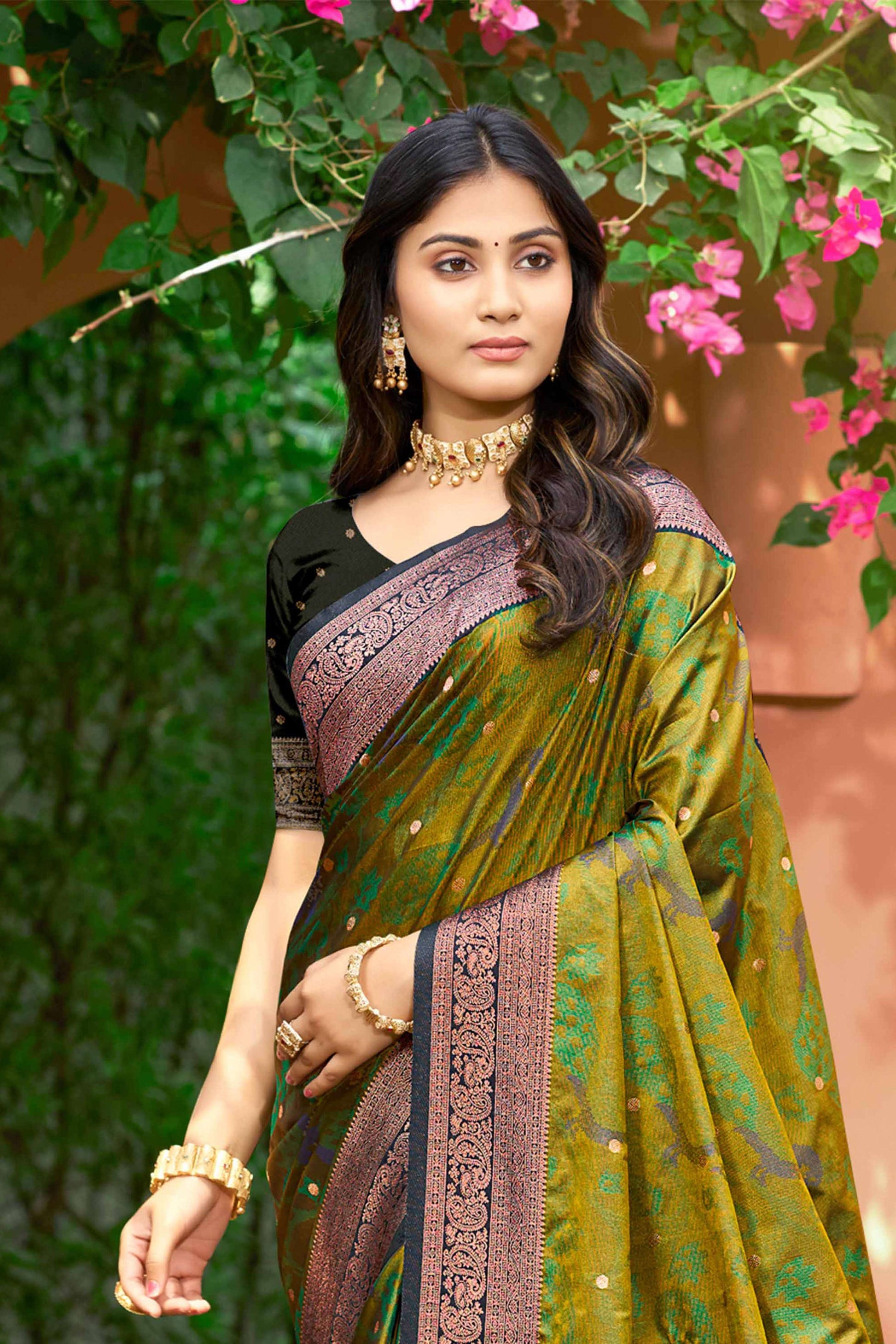 Sangam Prints Olive Green Soft Silk Woven Work Traditional Saree - Dista
