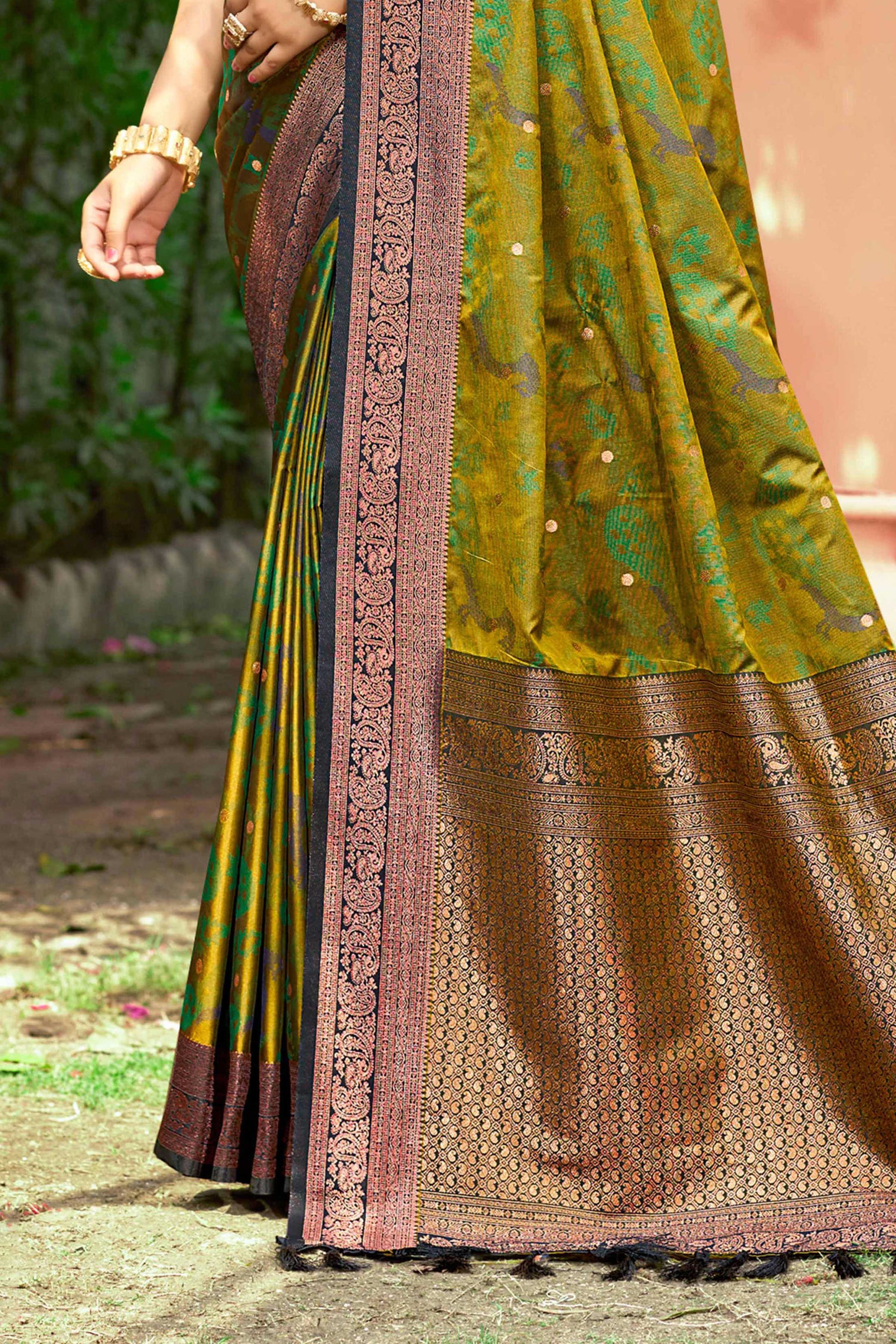 Sangam Prints Olive Green Soft Silk Woven Work Traditional Saree - Dista