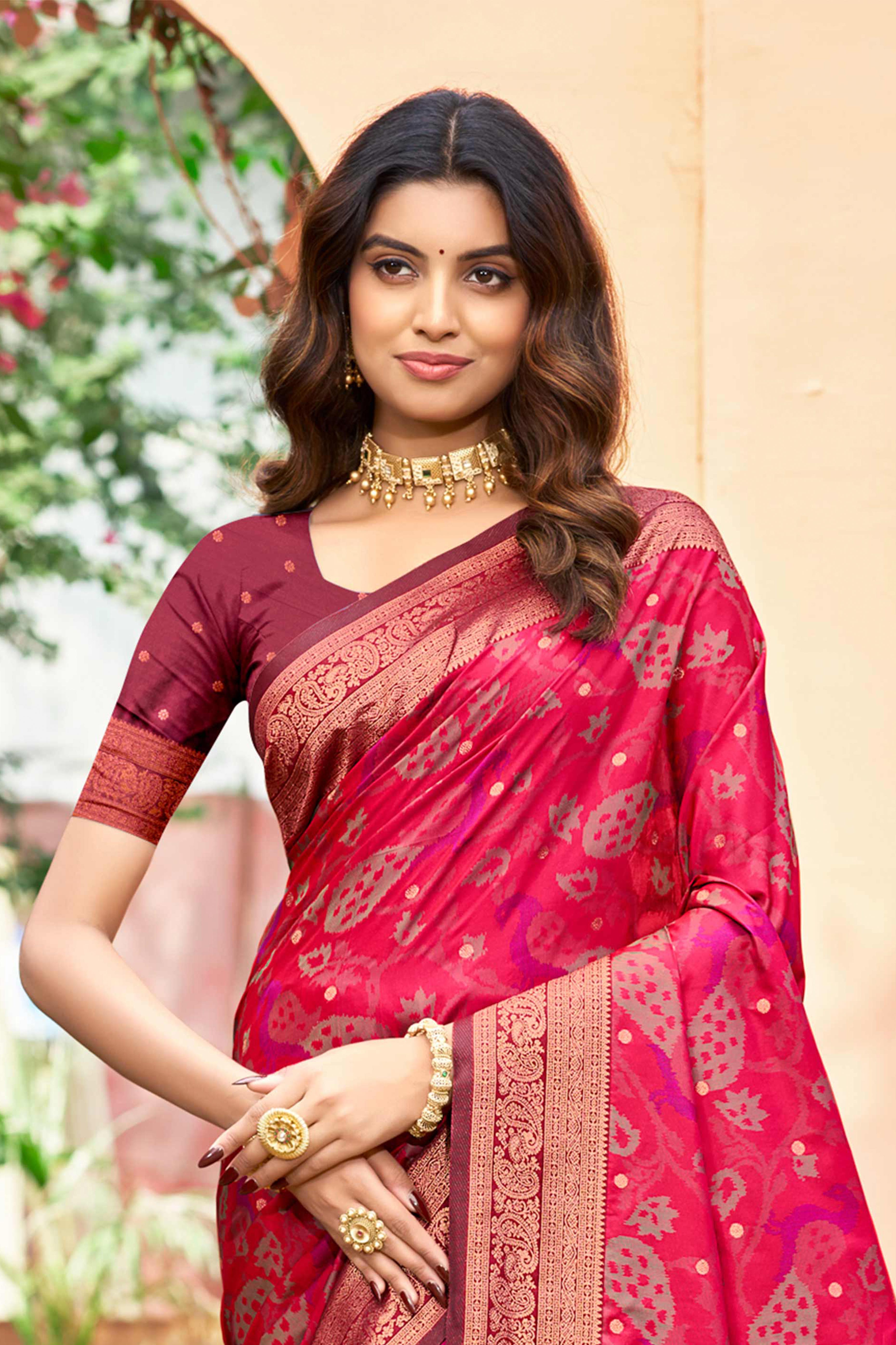 Sangam Prints Rani Pink Soft Silk Woven Work Traditional Saree - Dista