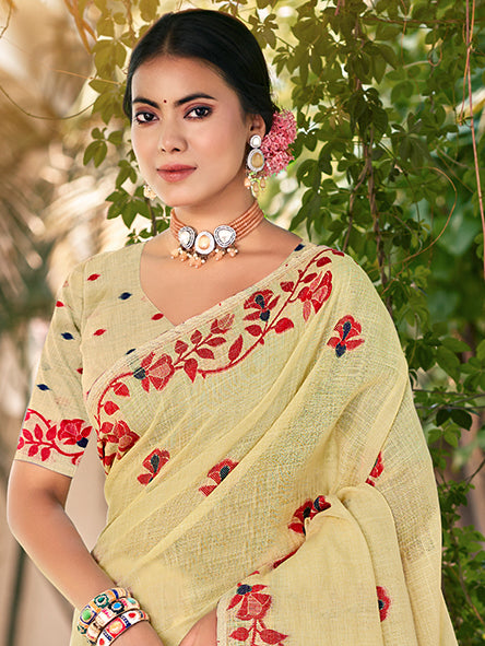 Sangam Prints Light Yellow Linen Woven Work Traditional Saree
