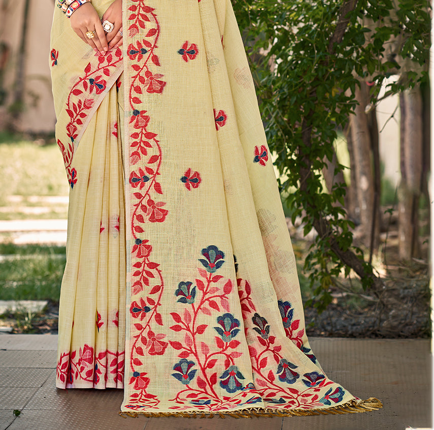 Sangam Prints Light Yellow Linen Woven Work Traditional Saree - Distacart