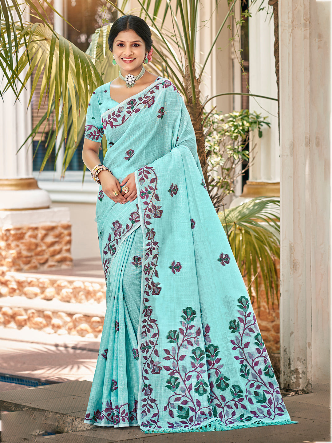 Sangam Prints Turquoise Linen Woven Work Traditional Saree