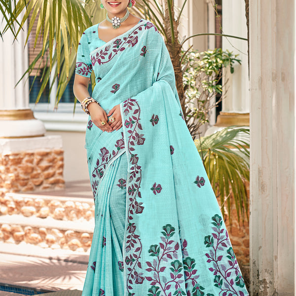 Sangam Prints Turquoise Linen Woven Work Traditional Saree