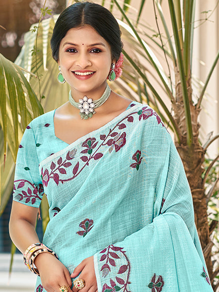 Sangam Prints Turquoise Linen Woven Work Traditional Saree