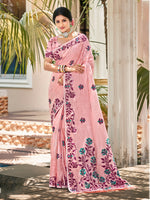 Thumbnail for Sangam Prints Light Pink Linen Woven Work Traditional Saree