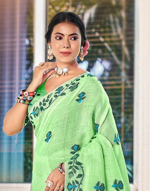 Sangam Prints Light Green Linen Woven Work Traditional Saree