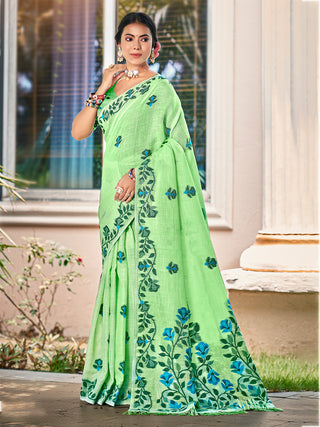 Sangam Prints Light Green Linen Woven Work Traditional Saree