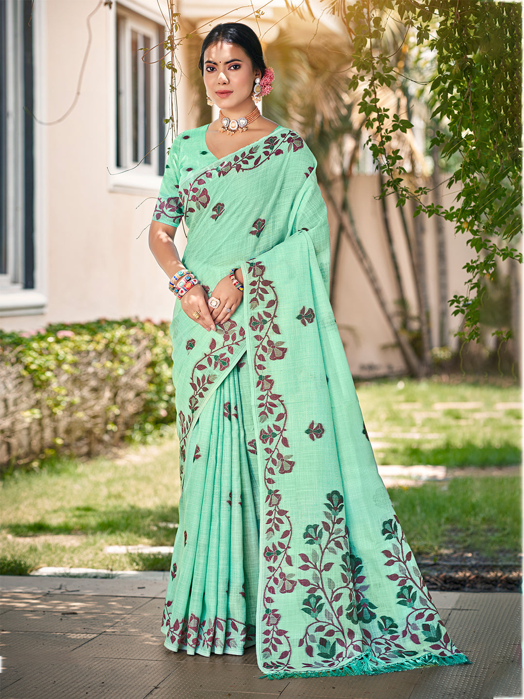 Sangam Prints Mint Green Linen Woven Work Traditional Saree