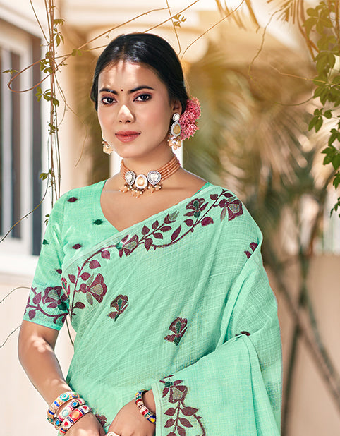 Sangam Prints Mint Green Linen Woven Work Traditional Saree