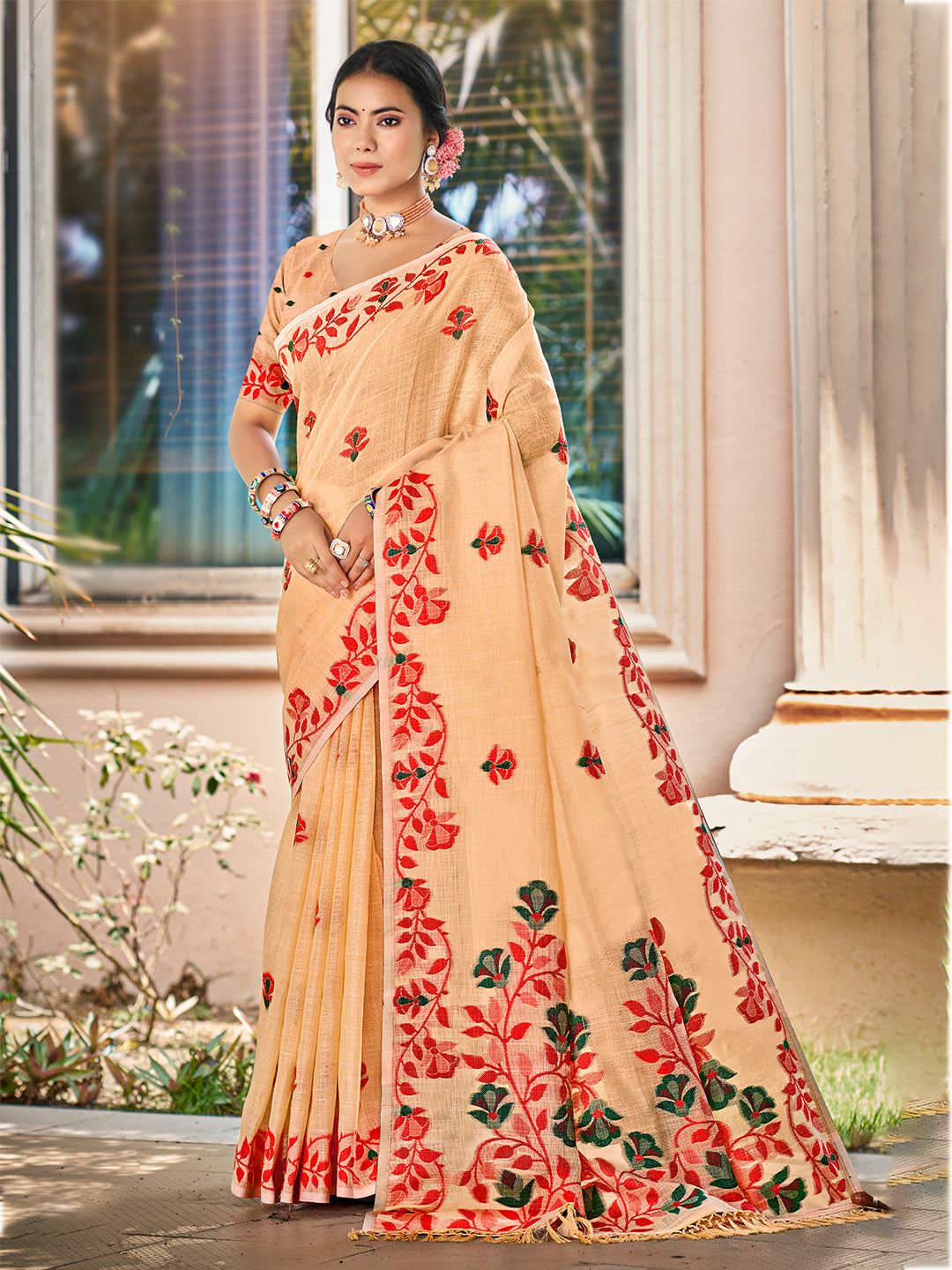 Sangam Prints Peach  Linen Woven Work Traditional Saree
