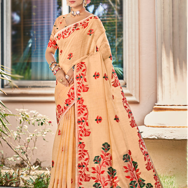 Sangam Prints Peach  Linen Woven Work Traditional Saree