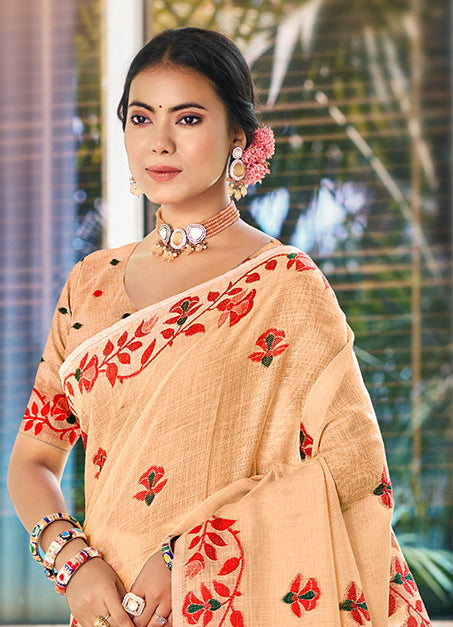 Sangam Prints Peach  Linen Woven Work Traditional Saree