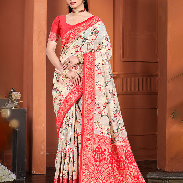 Sangam Prints Beige Cotton Silk With Meena Woven Work Traditional Saree